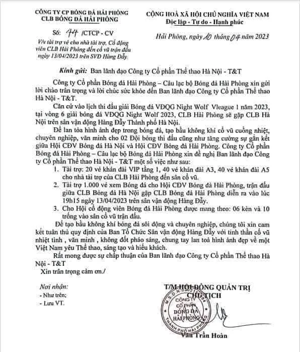 Công văn của lãnh đạo CLB Hải Phòng gởi đến lãnh đạo Hà Nội FC