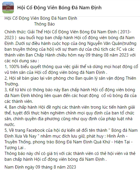 Thông báo được đăng trên fanpage của Hội CĐV Nam Định vào tối ngày 9-8