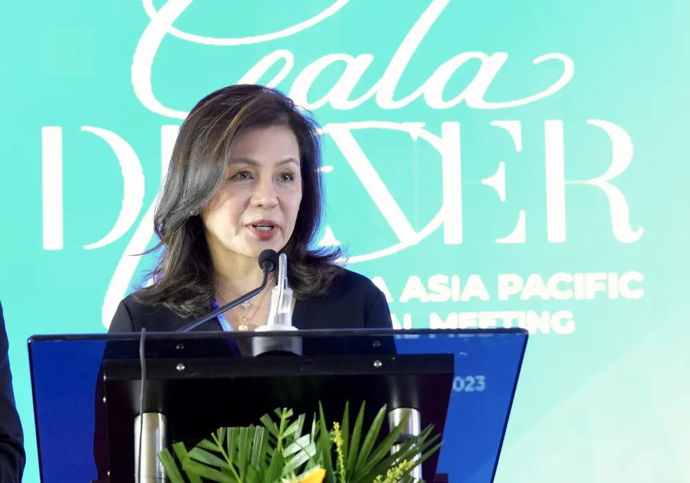 Bà Pamela Pascual – Chủ tịch kiêm Giám đốc Điều hành Trung tâm Thương mại Thế giới Metro Manila và Chủ tịch Hội đồng Cố vấn của Hiệp hội Trung tâm Thương mại Thế giới tại Châu Á Thái Bình Dương phát biểu tại chương trình