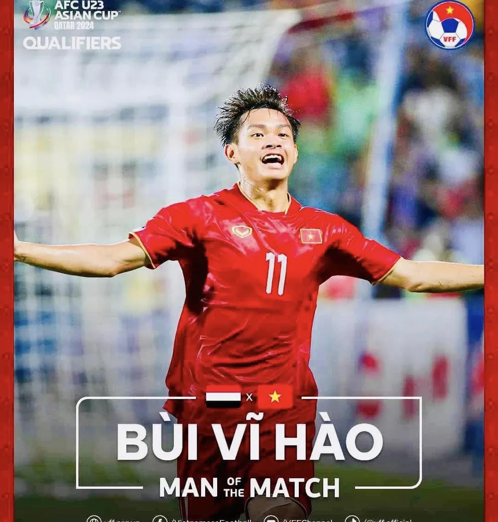 Niềm vui của Bùi Vĩ Hào khi ghi bàn thắng quyết định vào lưới U23 Yemen