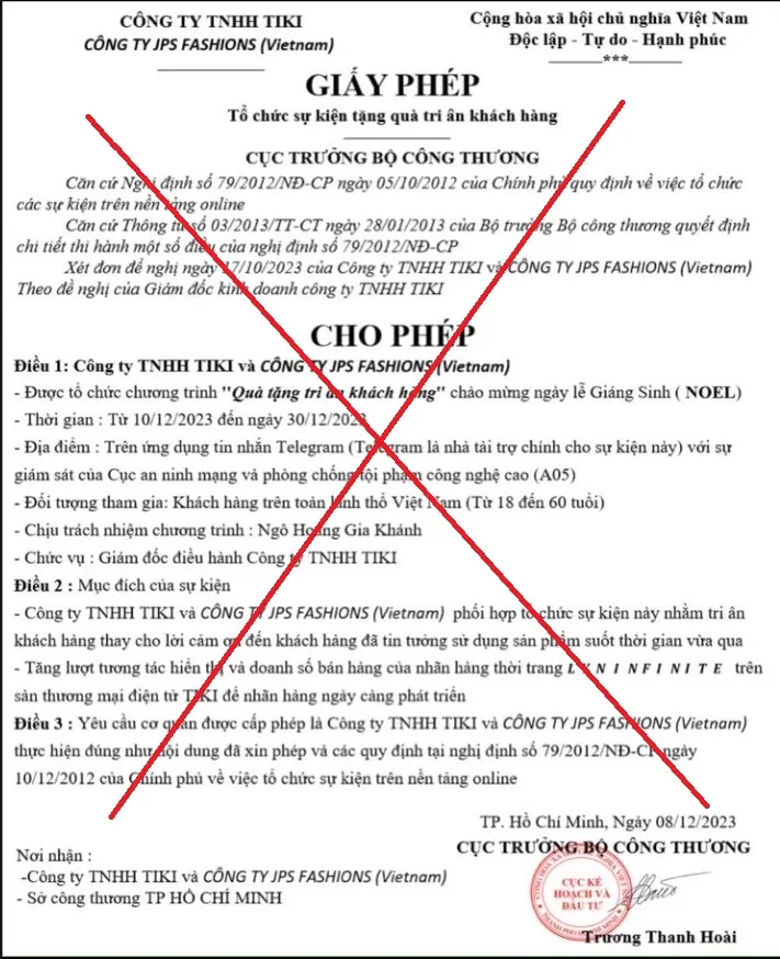 Cảnh báo giả mạo giấy phép Bộ Công Thương tổ chức sự kiện tặng quà tri ân