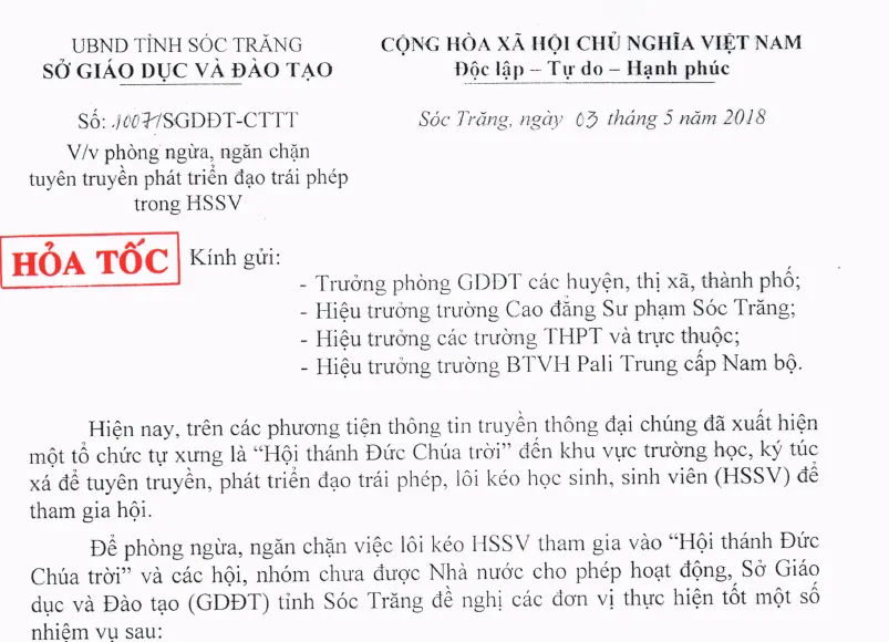 Sóc Trăng cảnh báo học sinh, sinh viên về tổ chức tự xưng “Hội thánh Đức Chúa trời” ảnh 1