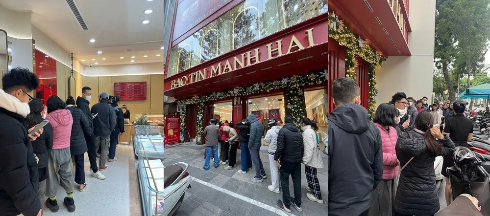 Dòng người xếp hàng mua Vàng 24K tại cửa hàng Bảo Tín Mạnh Hải ngày đầu năm