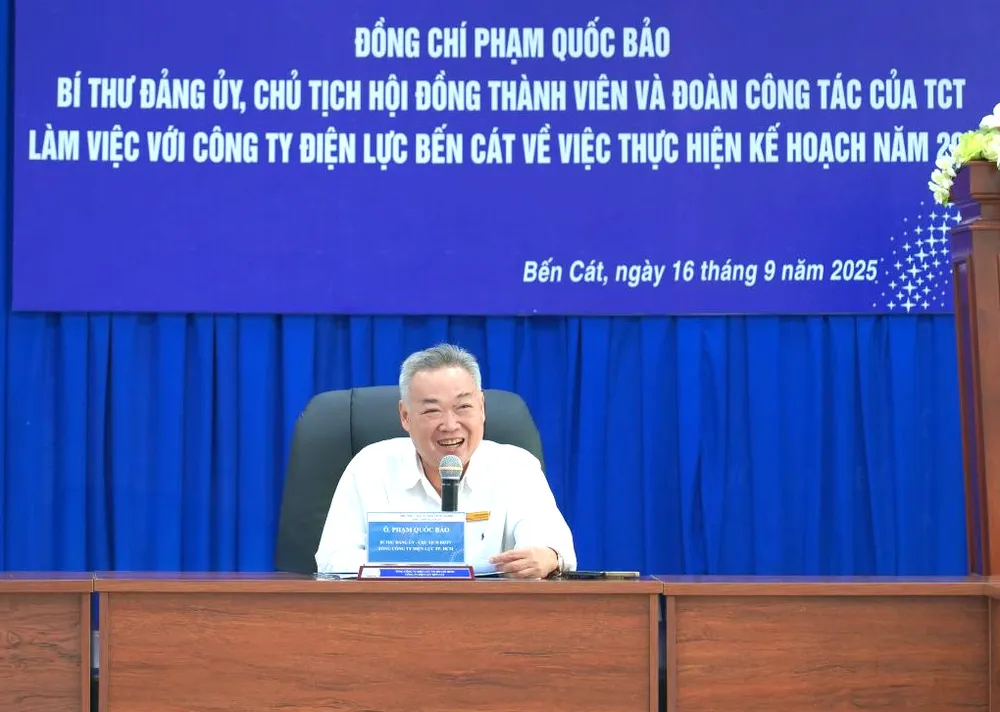 Ông Phạm Quốc Bảo, Chủ tịch HĐTV EVNHCMC phát biểu chỉ đạo trong buổi làm việc với CTĐL Bến Cát - Ảnh DUY ĐOÀN