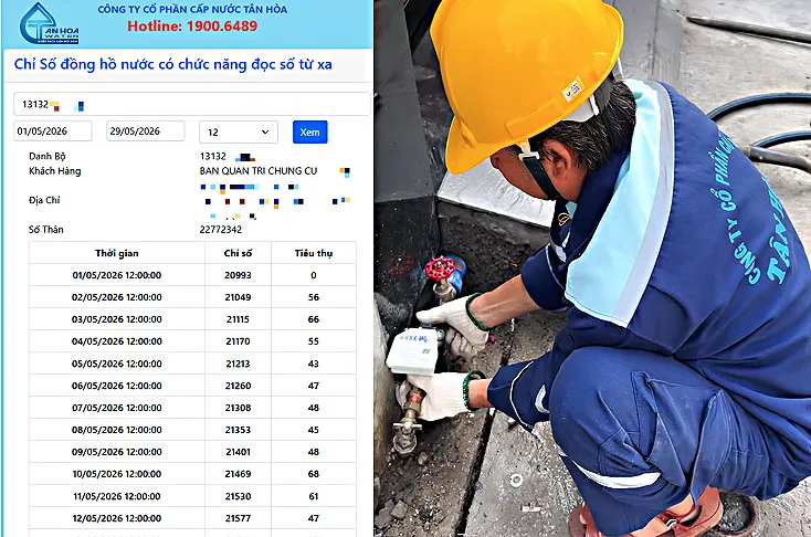 Nhân viên Công ty CP Cấp nước Tân Hòa kiểm tra đồng hồ nước tại nhà khách hàng