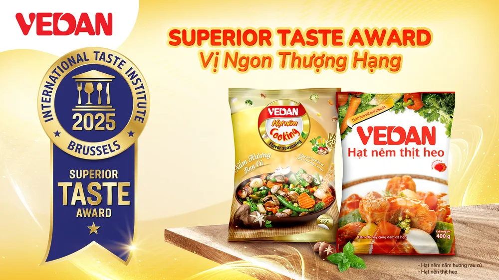 Hạt nêm thịt heo Vedan và Hạt nêm nấm hương rau củ Vedan được trao chứng nhận giải thưởng “Vị ngon thượng hạng 2025”.png