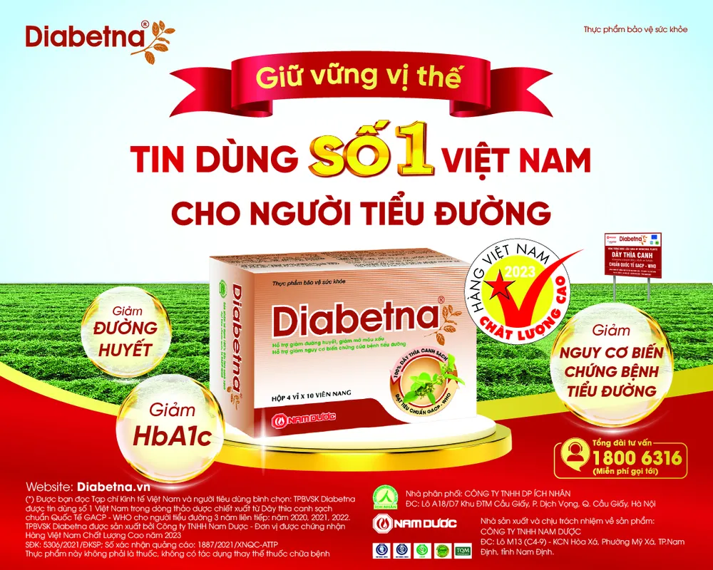 TPBVSK Diabetna được sản xuất bởi Nam Dược - Đơn vị được chứng nhận Hàng Việt Nam Chất lượng cao (năm 2023)