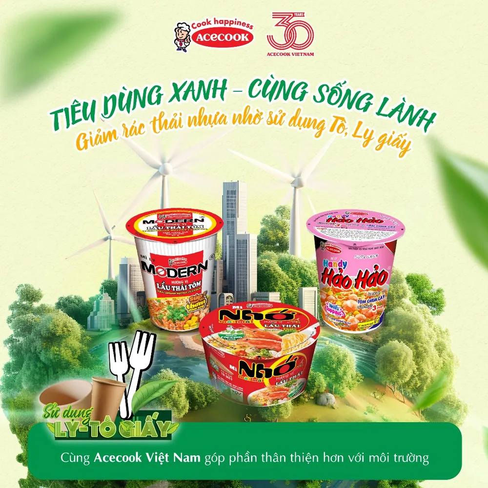 Acecook hưởng ứng tinh thần “Tiêu dùng xanh - Cùng sống lành” với Mì ly Modern, Mì ly Handy Hảo Hảo, Mì Tô Nhớ Mãi Mãi,... được cải tiến bao bì giấy