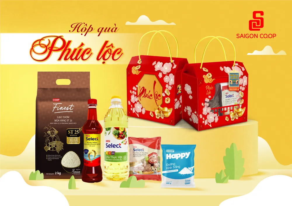 Hộp quà Phúc lộc chỉ 159.000đ được phối trọn bộ sản phẩm thiết yếu, phù hợp nhu cầu quà tặng thiết thực mùa cao điểm