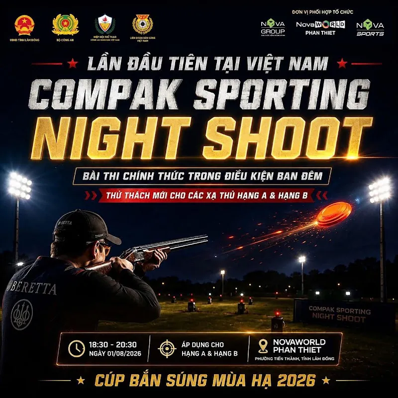 Lần đầu tiên tại Việt Nam, nội dung bắn súng đĩa bay ban đêm Compak Sporting Night Shoot được đưa vào chương trình thi đấu chính thức tại NovaWorld Phan Thiet