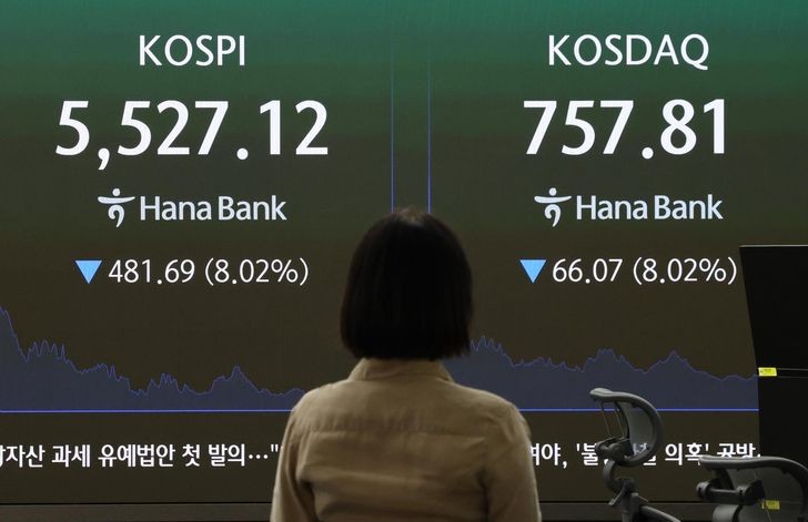 10月15日，韩国首尔韩亚银行交易大厅的电子屏幕显示KOSPI和KOSDAQ指数。图：韩联社