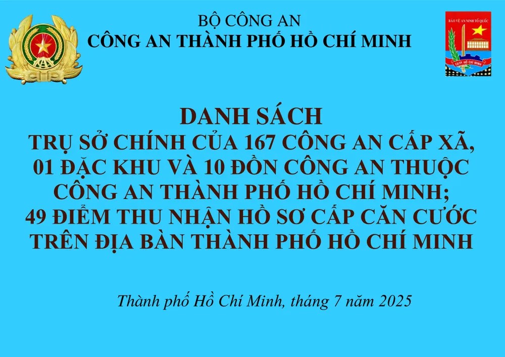 Công an TPHCM công bố địa chỉ trụ sở công an 167 xã phường, 1 đặc khu và 10 đồn công an
