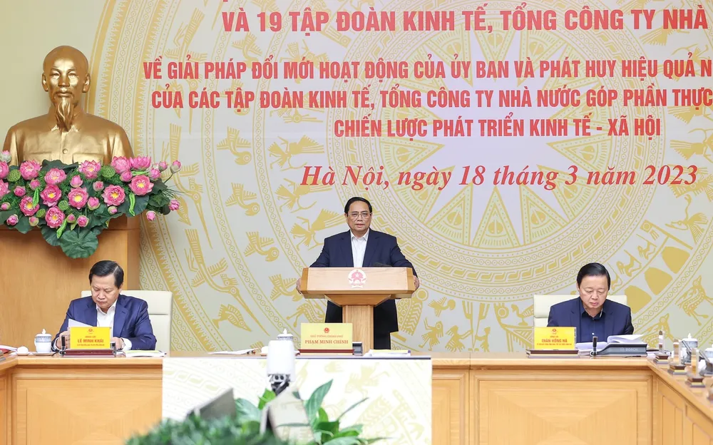 Thủ tướng Phạm Minh Chính làm việc với Ủy ban Quản lý vốn Nhà nước tại doanh nghiệp và các tập đoàn kinh tế, tổng công ty nhà nước. Ảnh: VIẾT CHUNG