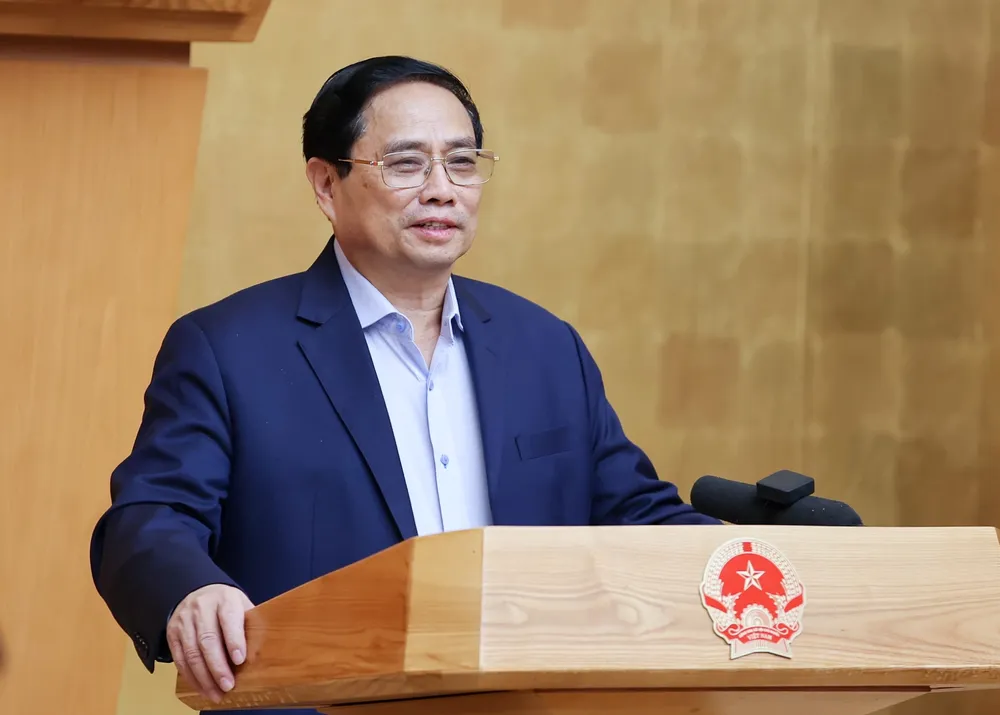 Thủ tướng Phạm Minh Chính phát biểu tại phiên họp Chính phủ chuyên đề về xây dựng Luật đất đai và Luật nhà ở sửa đổi, sáng 10-4. Ảnh: VIẾT CHUNG