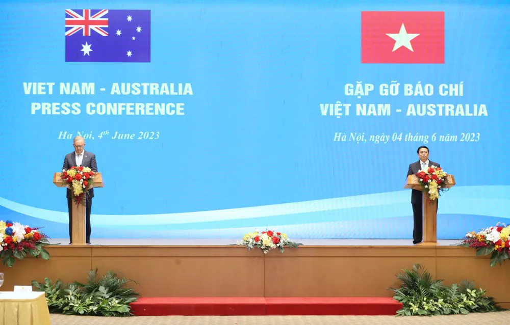 Thủ tướng Phạm Minh Chính và Thủ tướng Anthony Albanese họp báo. Ảnh: QUANG PHÚC