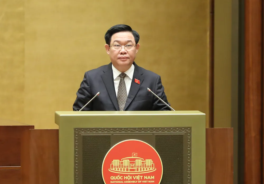 Chủ tịch Quốc hội Vương Đình Huệ phát biểu bế mạc kỳ họp thứ 5, Quốc hội khóa XV, chiều 24-6. Ảnh QUANG PHÚC