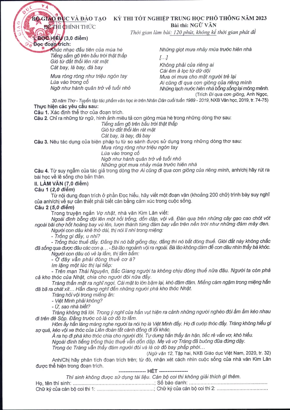 Đề thi môn Ngữ văn kỳ thi tốt nghiệp THPT 2023 Đề thi môn Ngữ văn kỳ thi tốt nghiệp THPT 2023
