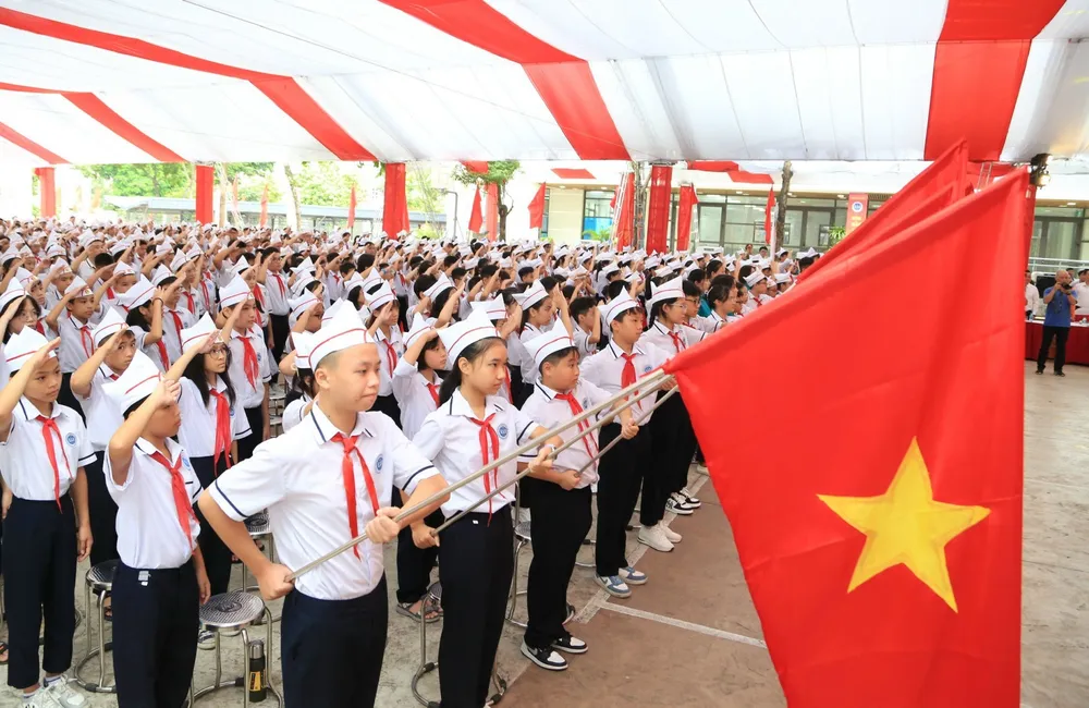 Lễ khai giảng năm học 2023 - 2024 tại Trường THCS Ngô Quyền, huyện Đông Anh, Hà Nội. Ảnh: VIẾT CHUNG