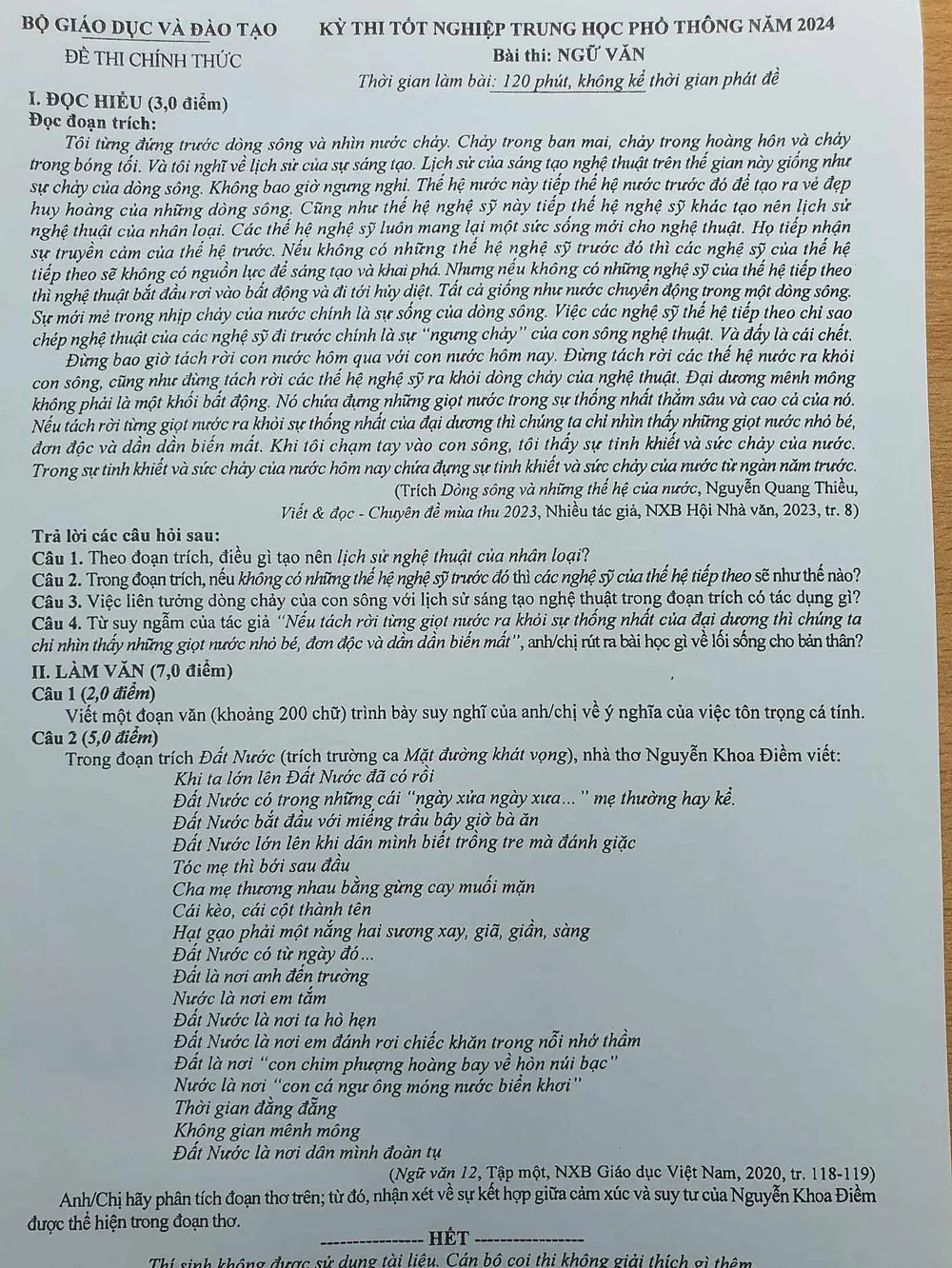 Đề thi Ngữ văn kỳ thi tốt nghiệp THPT năm 2024