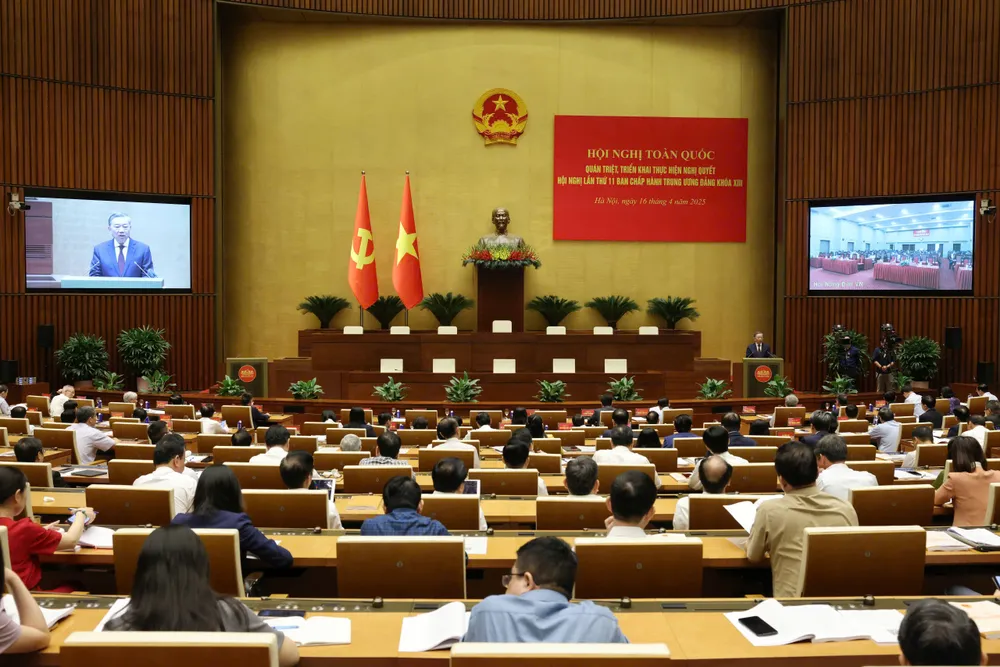 Tổng Bí thư Tô Lâm phát biểu chỉ đạo hội nghị, sáng 16-4. Ảnh QUANG PHÚC.jpg