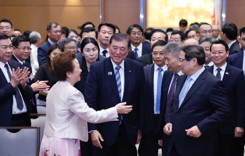 Thủ tướng Phạm Minh Chính và Thủ tướng Ishiba Shigeru dự Diễn đàn hợp tác doanh nghiệp Việt Nam - Nhật Bản, chiều 28-4. Ảnh VIẾT CHUNG.jpg