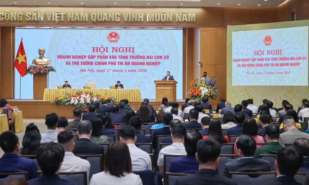 Thủ tướng Phạm Minh Chính dự Hội nghị Doanh nghiệp góp phần vào tăng trưởng hai con số và Thủ tướng Chính phủ tri ân doanh nghiệp, sáng 27-3. Ảnh VIẾT CHUNG.jpg