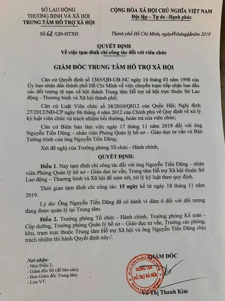 Tạm đình chỉ công tác cán bộ Trung tâm Hỗ trợ xã hội TPHCM dâm ô trẻ em ảnh 2