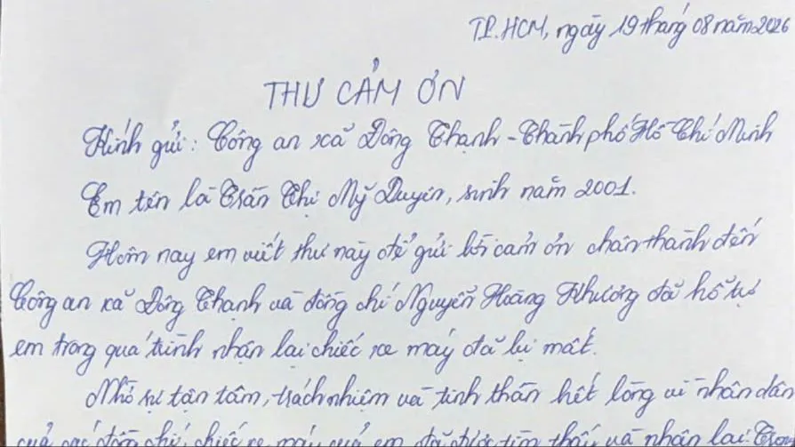 Cô gái viết thư cảm ơn Công an xã Đông Thạnh
