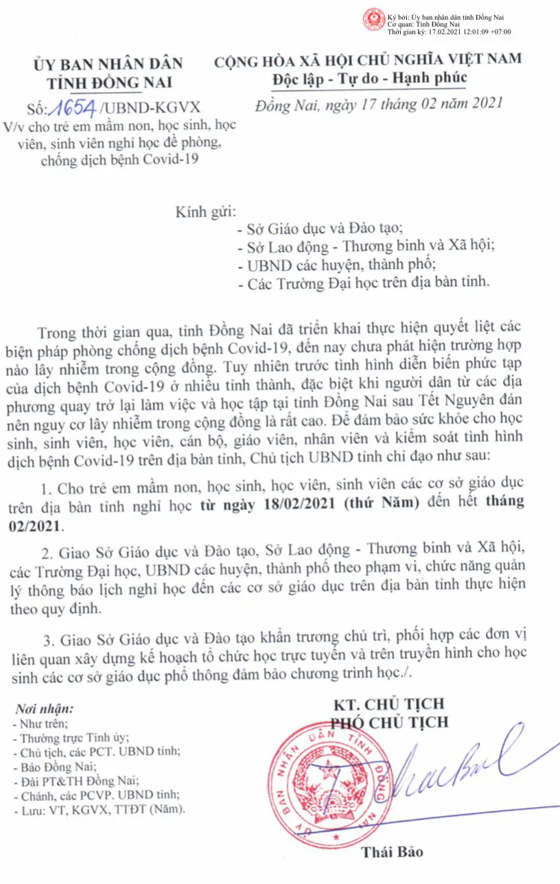 Đồng Nai và Gia Lai cho học sinh nghỉ học đến hết tháng 2 để phòng dịch Covid-19 ảnh 1