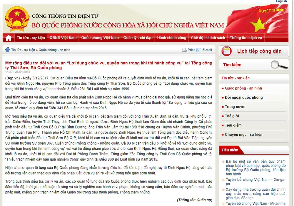 Mở rộng điều tra vụ án tại Tổng công ty Thái Sơn, Bộ Quốc phòng ảnh 1