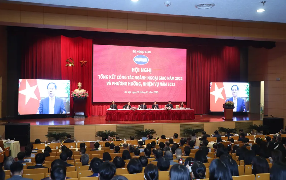 Quang cảnh hội nghị tại điểm cầu trụ sở Bộ Ngoại giao. Ảnh: QUANG PHÚC