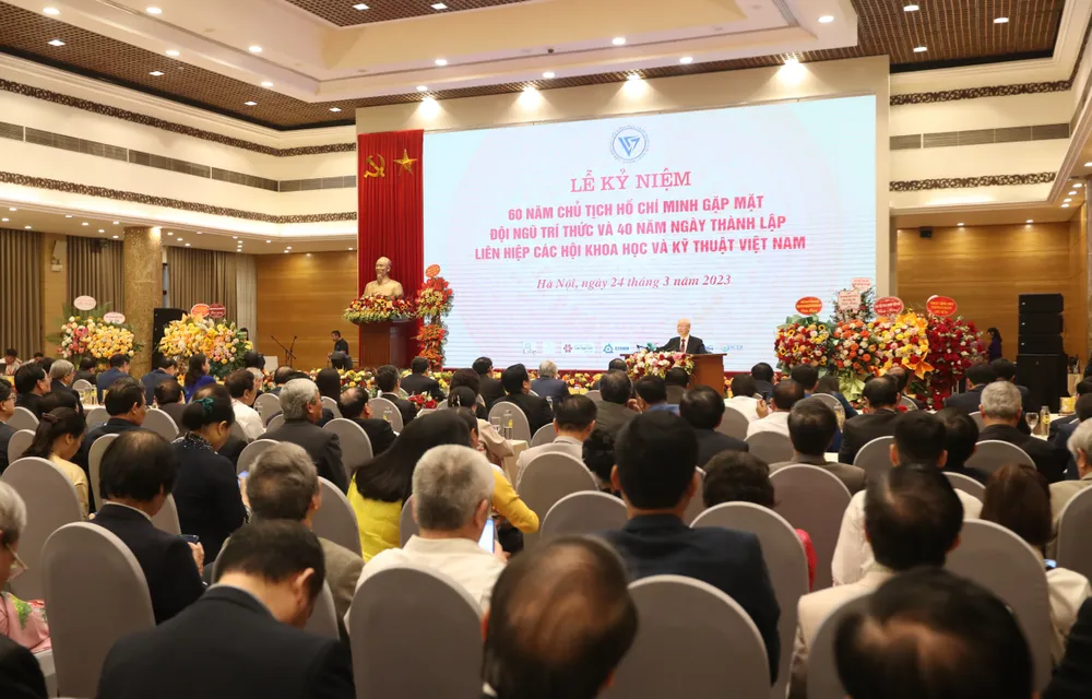 Quang cảnh lễ kỷ niệm lúc Tổng Bí thư Nguyễn Phú Trọng phát biểu. Ảnh: QUANG PHÚC