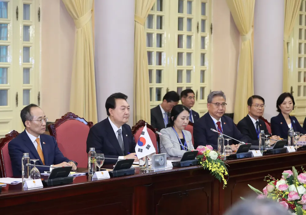 Tổng thống Yoon Suk Yeol phát biểu tại hội đàm. Ảnh: QUANG PHÚC Tổng thống Yoon Suk Yeol phát biểu tại hội đàm. Ảnh: QUANG PHÚC