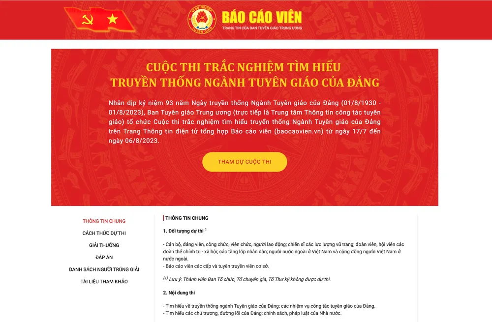 Giao diện cuộc thi trên Trang Thông tin điện tử tổng hợp Báo cáo viên (baocaovien.vn)