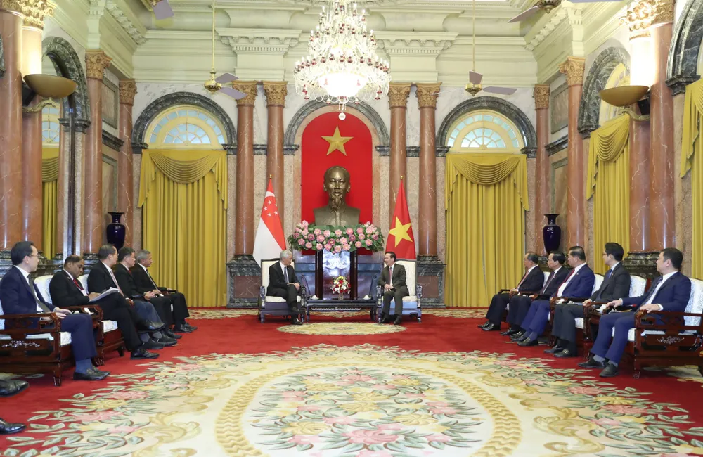 Quang cảnh Chủ tịch nước Võ Văn Thưởng tiếp Thủ tướng Lý Hiển Long ở Phủ Chủ tịch. Ảnh: QUANG PHÚC