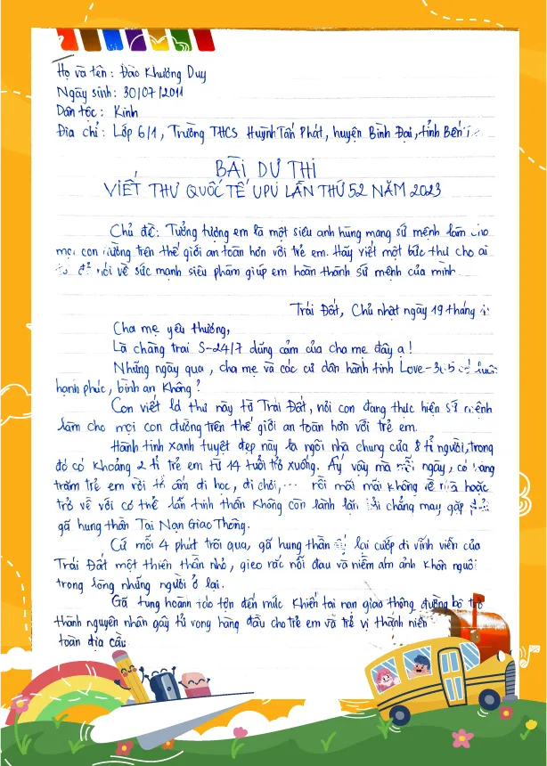 Bức thư của em Đào Khương Duy. Ảnh VNPost