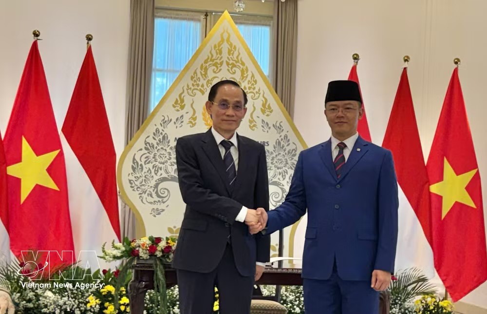 印度尼西亚外交部长苏吉约诺与越南外交部长黎怀忠共同主持越印双边合作委员会第六次会议。图自越通社。