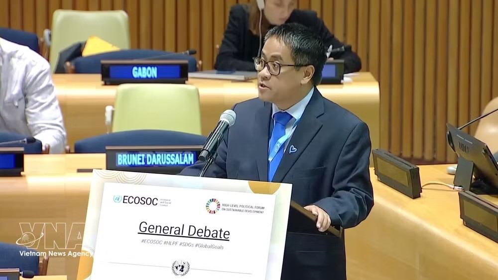 越南常驻联合国代表团副团长阮海刘公使在会上发表讲话。图自越通社。