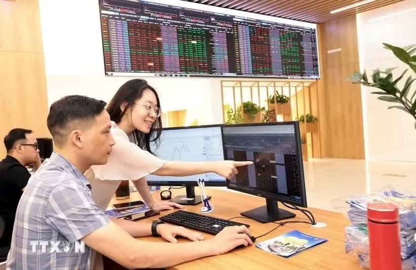 客户在保越证券股份公司（Bảo Việt Securities）位于河内总部的交易大厅进行交易。图自越通社