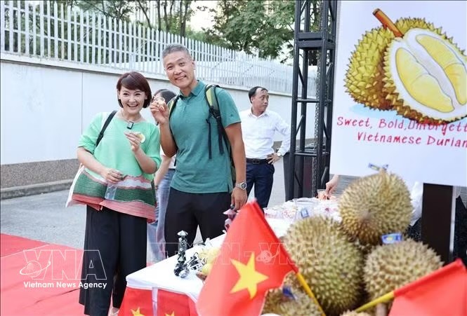 游客与越南榴莲合影打卡。图自越通社
