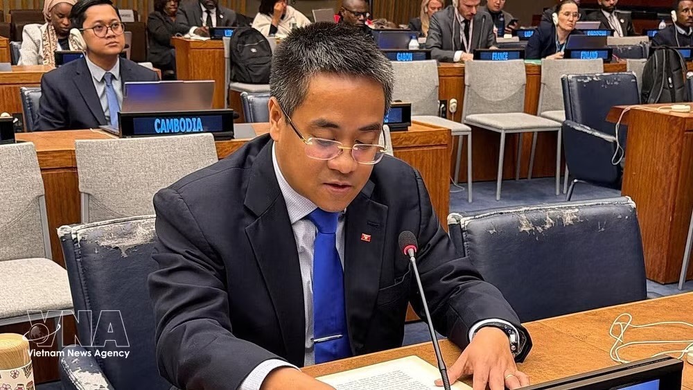 越南常驻联合国代表团副团长阮海流公使代表东盟在联合国大会第四委员会就原子辐射影响发言。图自越通社