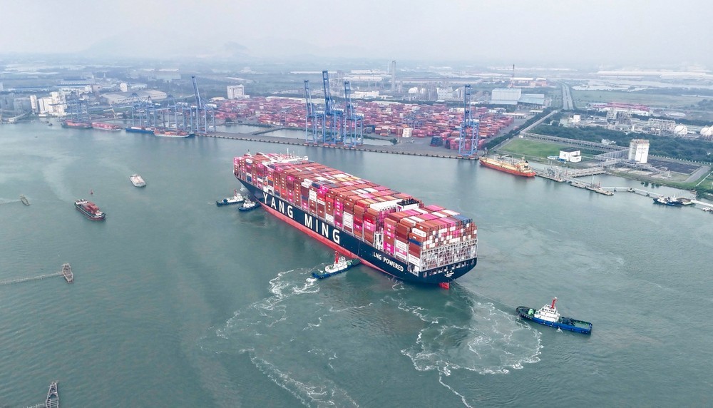 长近365米的YM WAYFINDER号在拖船协助下驶入新港－丐密国际港（TCIT）。成辉摄