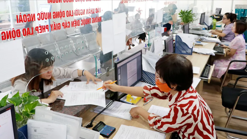 Công chức Sở LĐTBXH TPHCM hướng dẫn người dân làm thủ tục hành chính. Ảnh NGÔ BÌNH.jpg