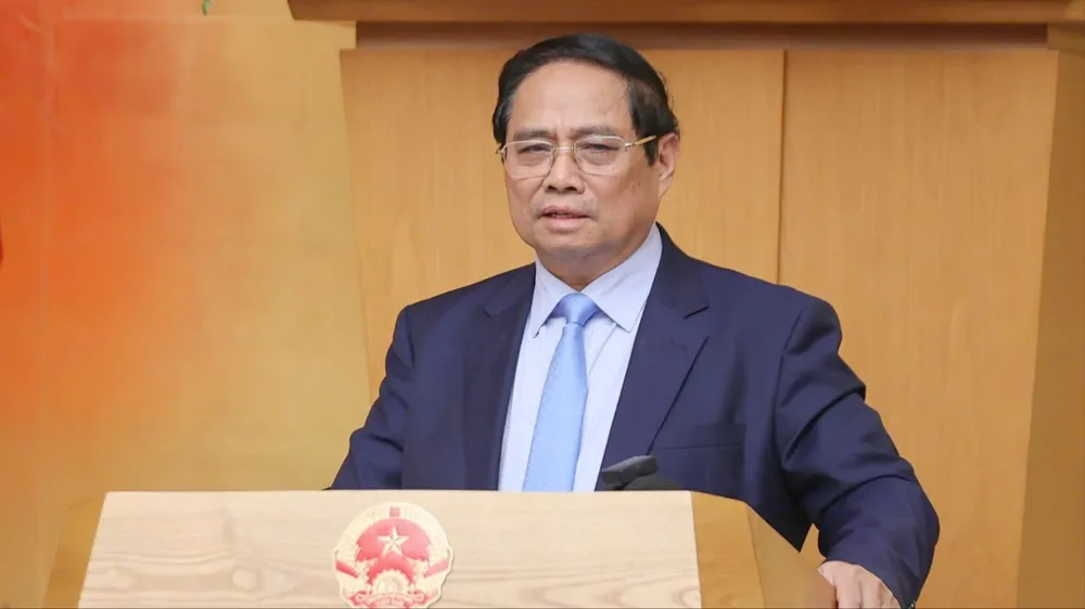 Thủ tướng Phạm Minh Chính phát biểu tại phiên họp Chính phủ chuyên đề pháp luật. Ảnh: VIẾT CHUNG