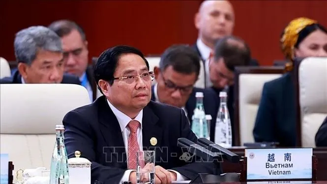 Thủ tướng Phạm Minh Chính phát biểu tại Hội nghị Thượng đỉnh Tổ chức Hợp tác Thượng Hải 2025 mở rộng (SCO +). Ảnh: Dương Giang/TTXVN