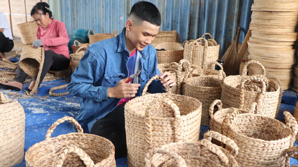 Công nhân đan sản phẩm từ lục bình tại Công ty TNHH Sản xuất Thương mại Hiệp Hòa (xã Long Hải, TPHCM. Ảnh: QUANG VŨ