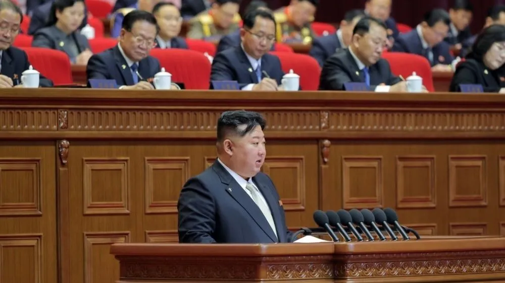 Nhà lãnh đạo Kim Jong Un phát biểu tại Đại hội Đảng Lao động Triều Tiên lần thứ IX. Ảnh: KCNA