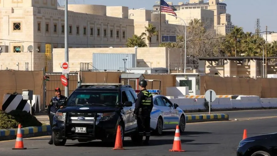 Tăng cường an ninh tại khu vực Đại sứ quán Mỹ ở Jordan. Ảnh: XINHUA 