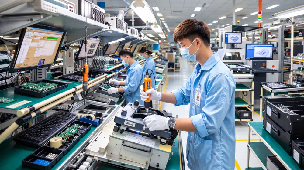 Công nhân Công ty TNHH Datalogic Việt Nam (Khu Công nghệ cao TPHCM) làm việc trên dây chuyền sản xuất thiết bị điện tử (ẢNH: HOÀNG HÙNG)