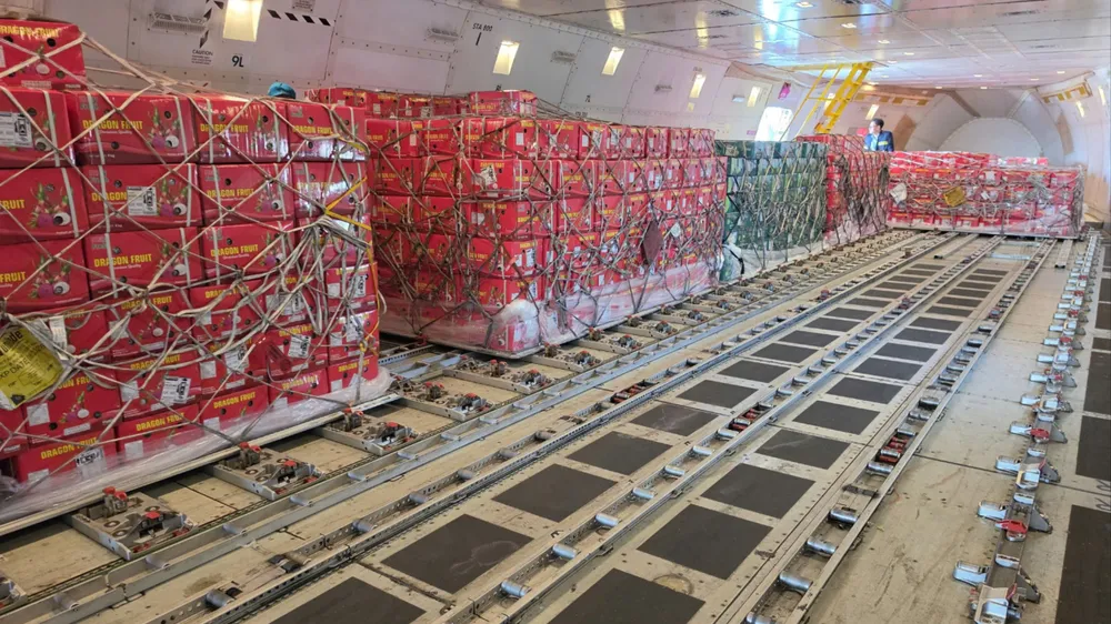 Hàng nông sản Việt Nam được Tập đoàn Lulu thu mua và vận chuyển bằng chuyên cơ về nước. Ảnh: MINH XUÂN